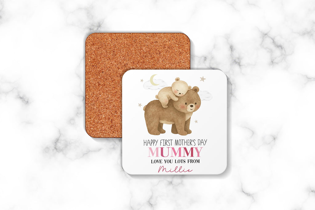 Personalised Happy First Mother's Day Gift, Mummy Bear Mug & Coaster Set, mothers day presents