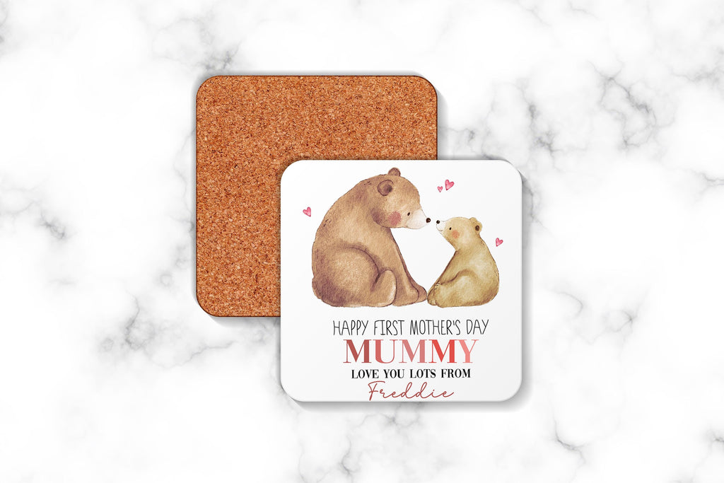 Personalised Happy First Mother's Day Gift, Mummy Bear Mug & Coaster Set, mothers day presents