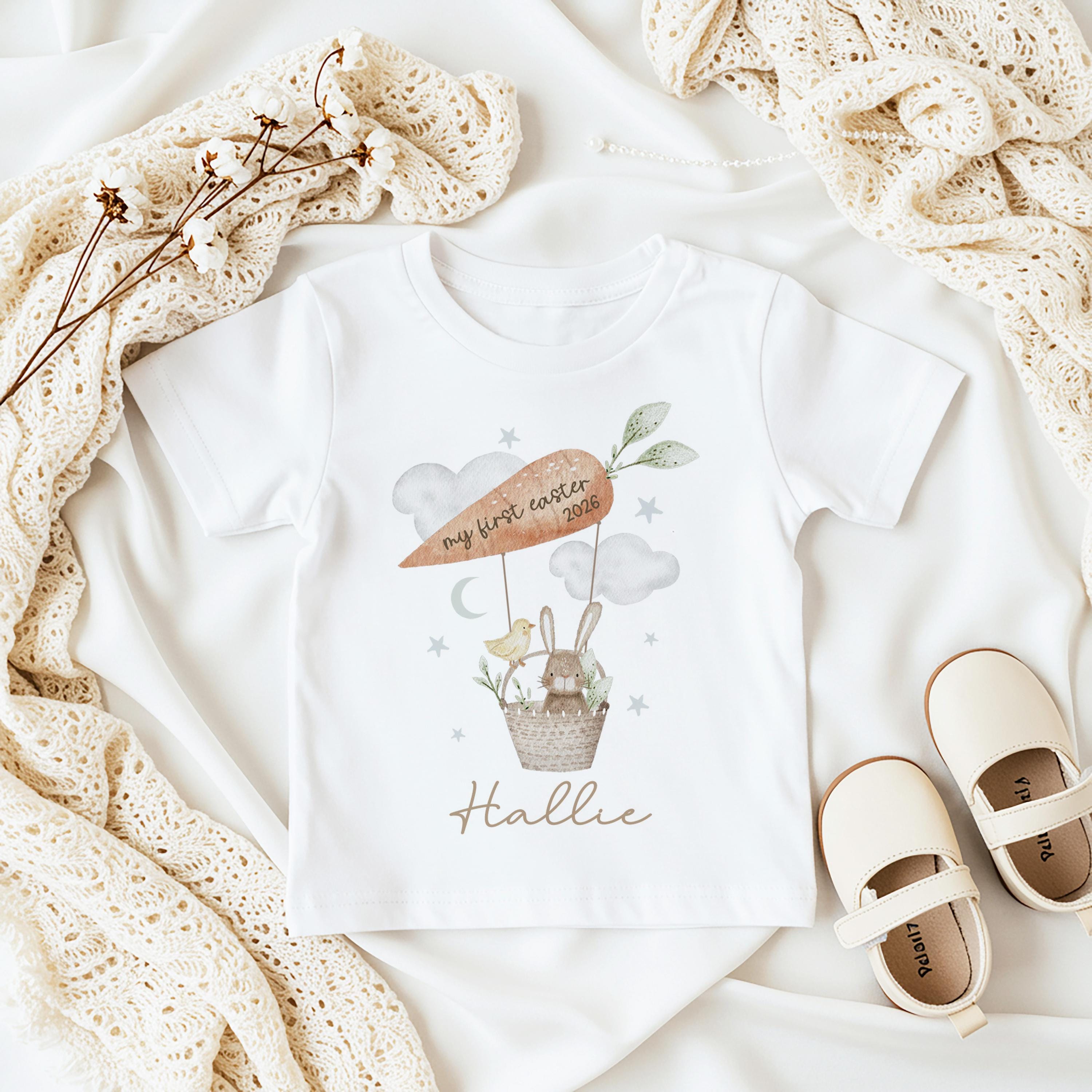 Personalised My First Easter Babygrow, Custom Bunny Hot Air Balloon 1st Easter Sleepsuit Outfit
