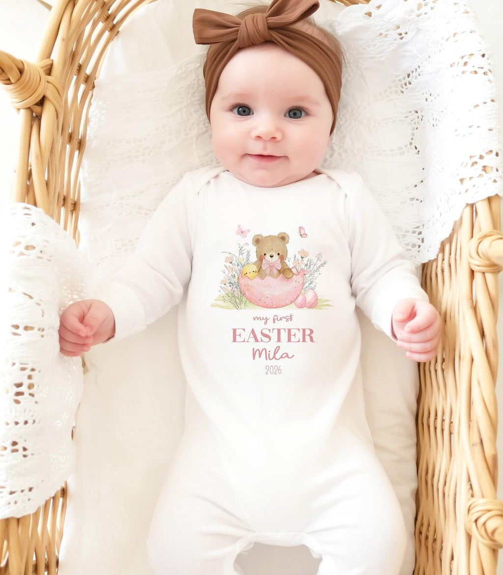 Personalised My First Easter Tshirt, Custom 1st Easter Sleepsuit Outfit Gift For Baby Girl