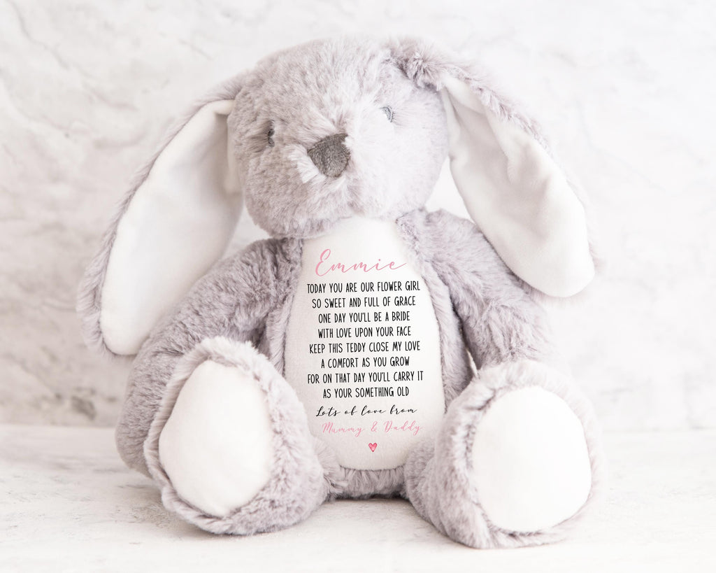 Personalised Name Teddy Plushie Flower Girl Thank You Gift, Custom Wedding Keepsake Gift From Bride And Groom