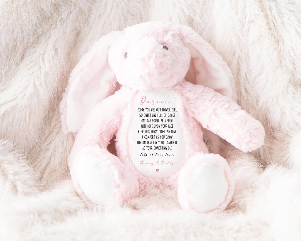 Personalised Name Teddy Plushie Flower Girl Thank You Gift, Custom Wedding Keepsake Gift From Bride And Groom