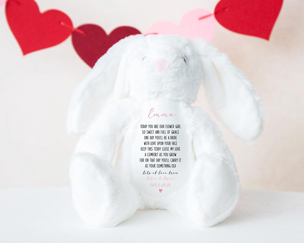 Personalised Name Teddy Plushie Flower Girl Thank You Gift, Custom Wedding Keepsake Gift From Bride And Groom
