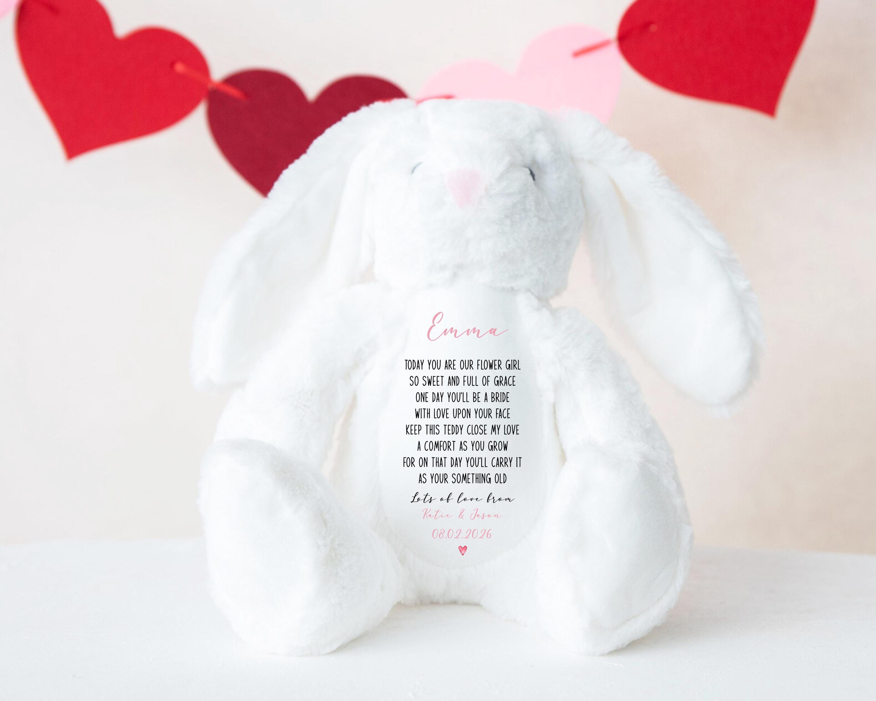 Personalised Name Teddy Plushie Flower Girl Thank You Gift, Custom Wedding Keepsake Gift From Bride And Groom