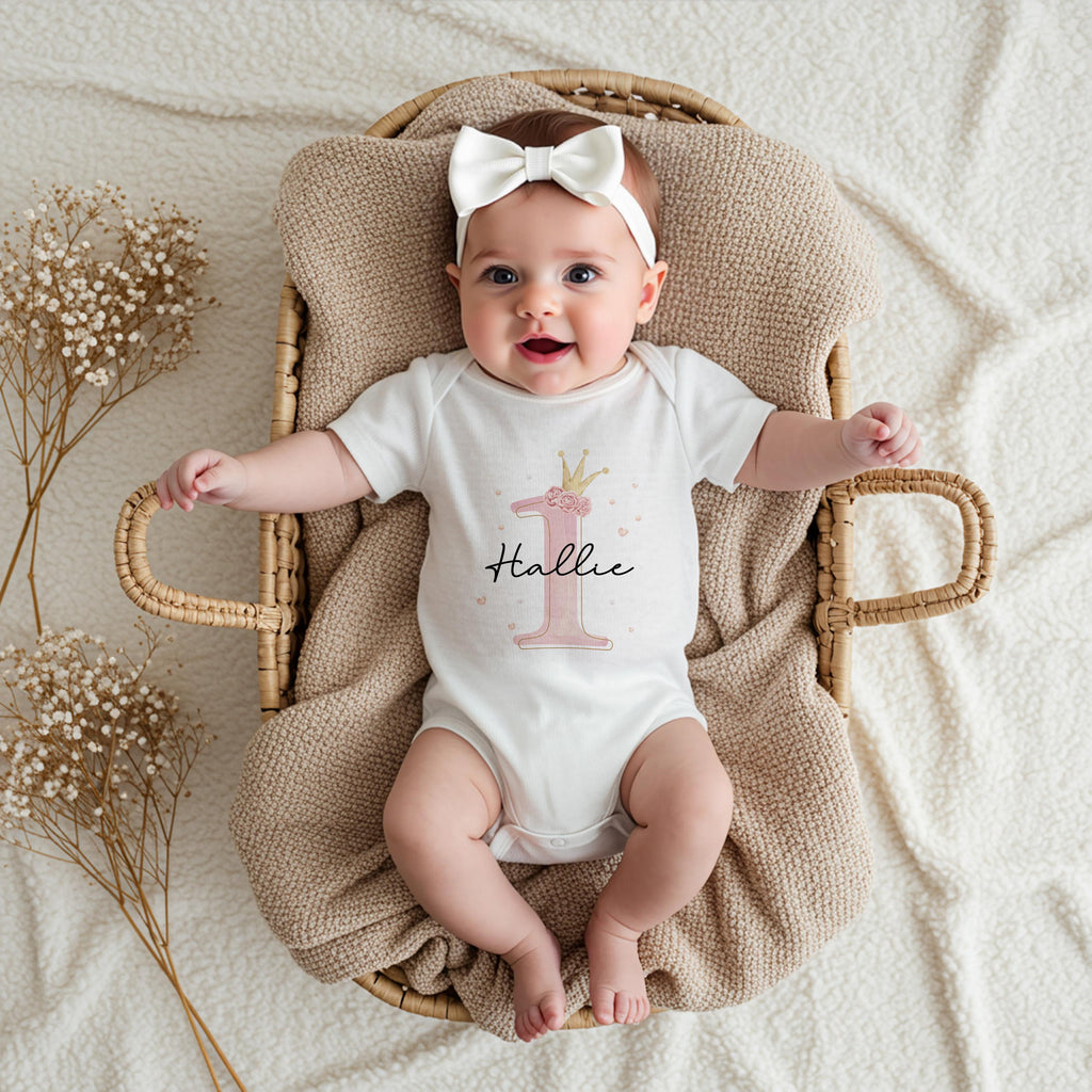 Personalised Princess Crown Baby Girl First Birthday Babygrow, Custom 1st Birthday Sleepsuit Outfit