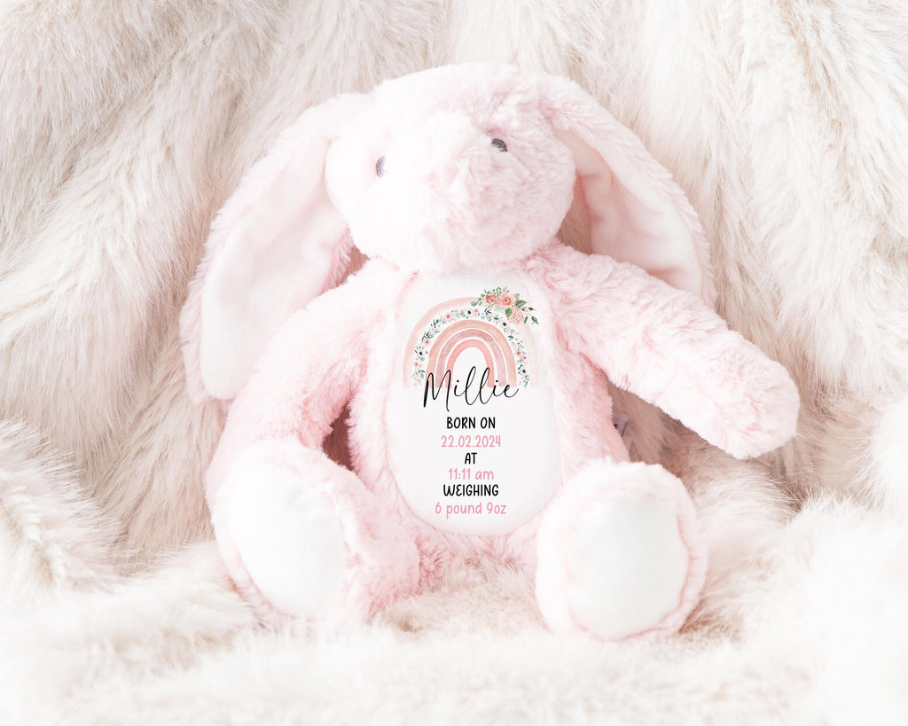Personalized New Baby Gift, Personalised Soft Toy Keepsake, Newborn Teddy or Bunny with Birth Stats, Ideal Baby Shower Gift New Baby Gift