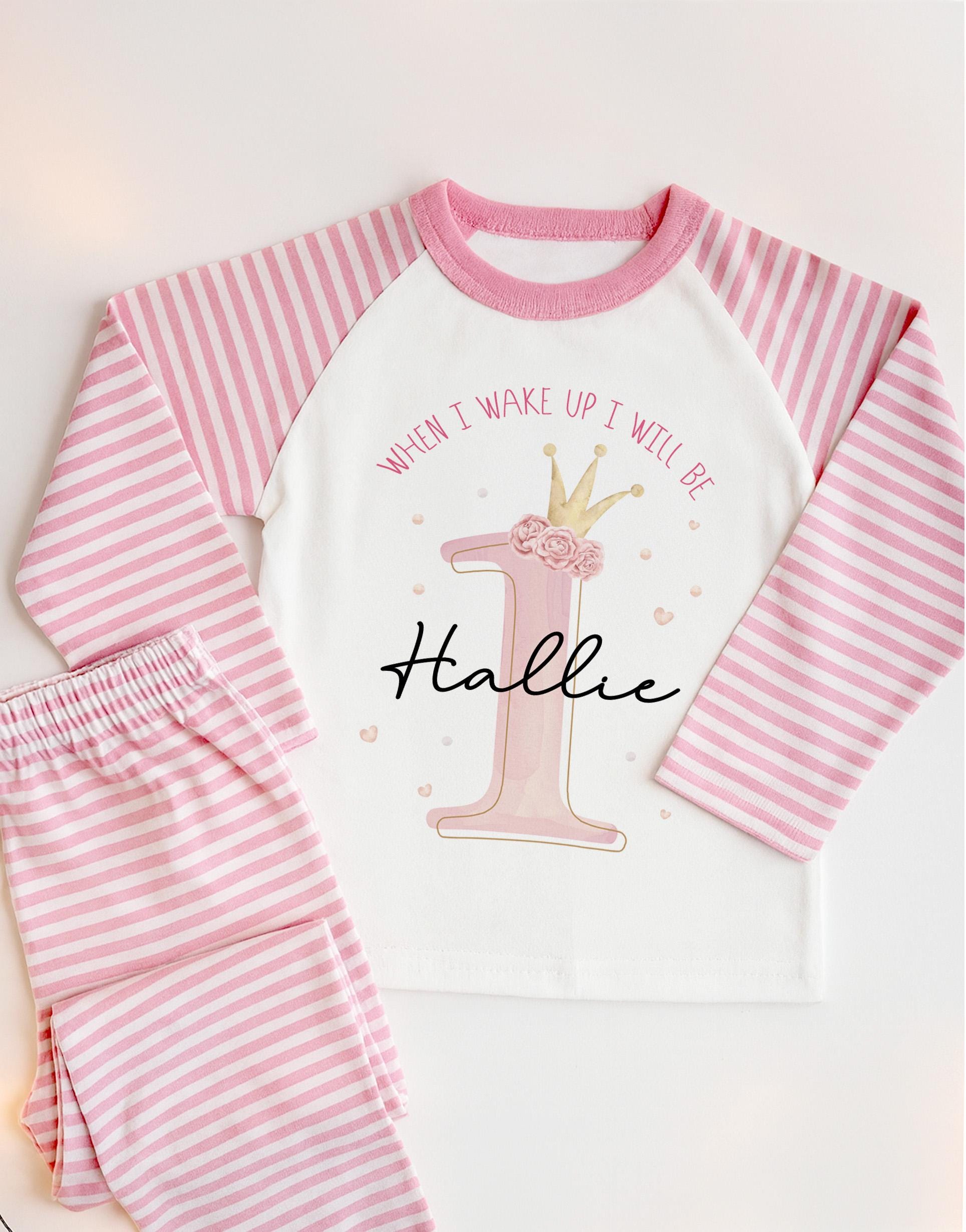 Personalized Princess Crown 1st Birthday Pajamas, Pink Girl Cotton Nightwear