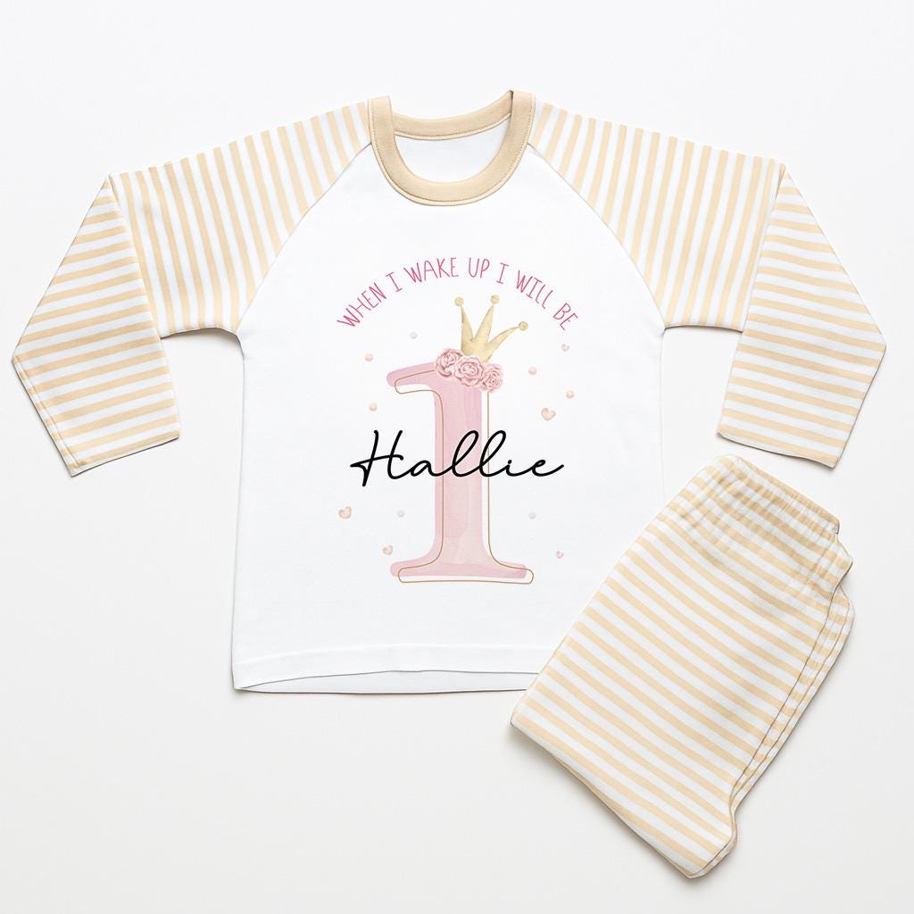 Personalized Princess Crown 1st Birthday Pajamas, Pink Girl Cotton Nightwear