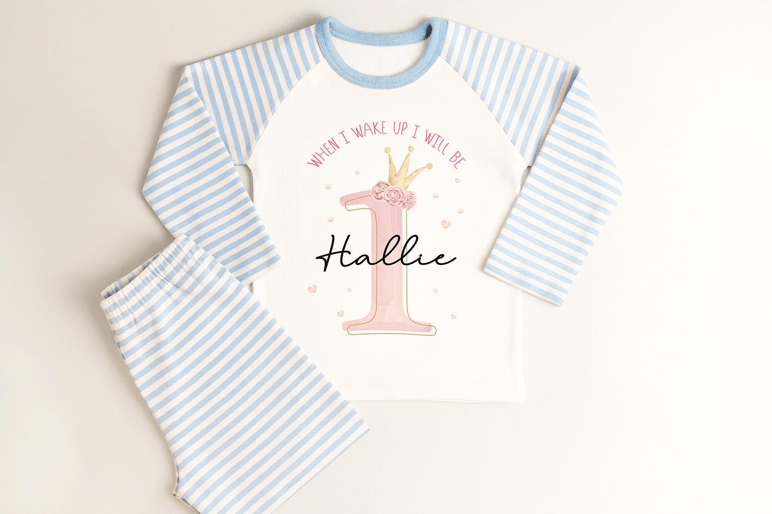 Personalized Princess Crown 1st Birthday Pajamas, Pink Girl Cotton Nightwear