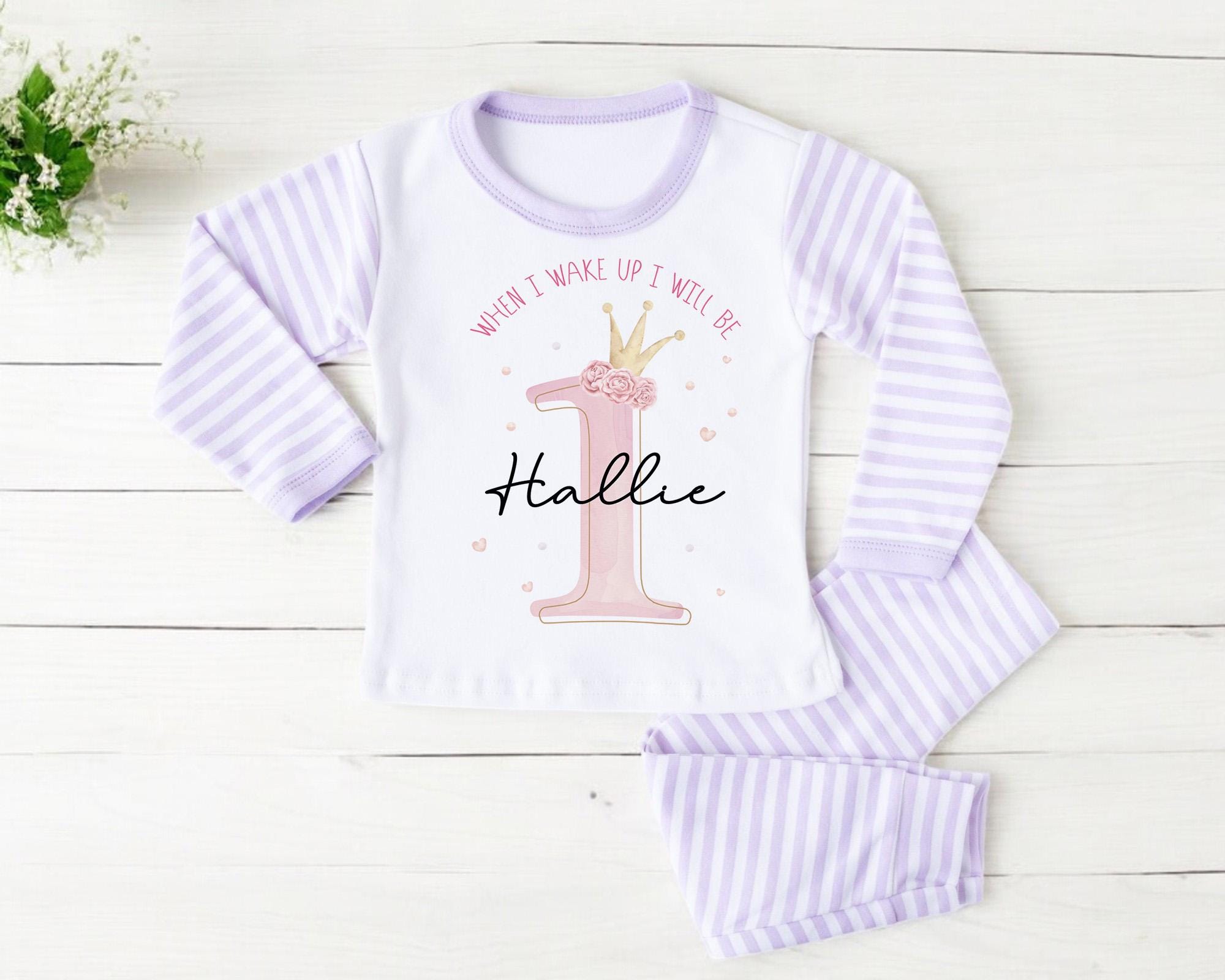Personalized Princess Crown 1st Birthday Pajamas, Pink Girl Cotton Nightwear