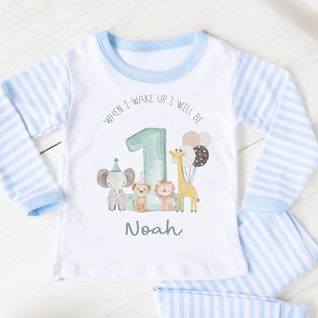Safari Jungle Animal First Birthday Pyjamas , When I Wake Up I Will Be One Custom 1st Birthday Pjs, Personalized First Birthday Pjs