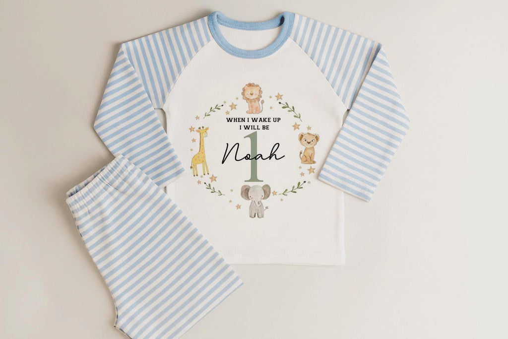 Safari Jungle Animal First Birthday Pyjamas , When I Wake Up I Will Be One Custom 1st Birthday Pjs, Personalized First Birthday Pjs