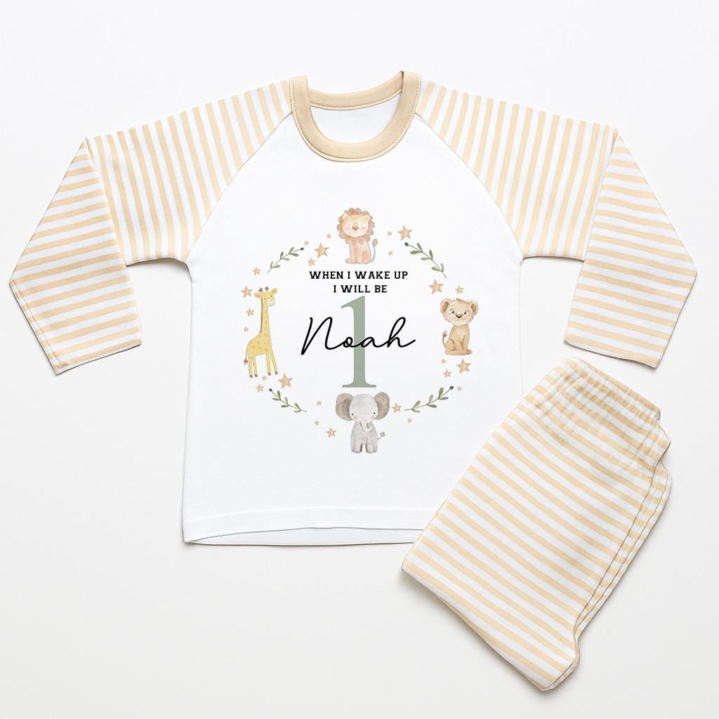 Safari Jungle Animal First Birthday Pyjamas , When I Wake Up I Will Be One Custom 1st Birthday Pjs, Personalized First Birthday Pjs