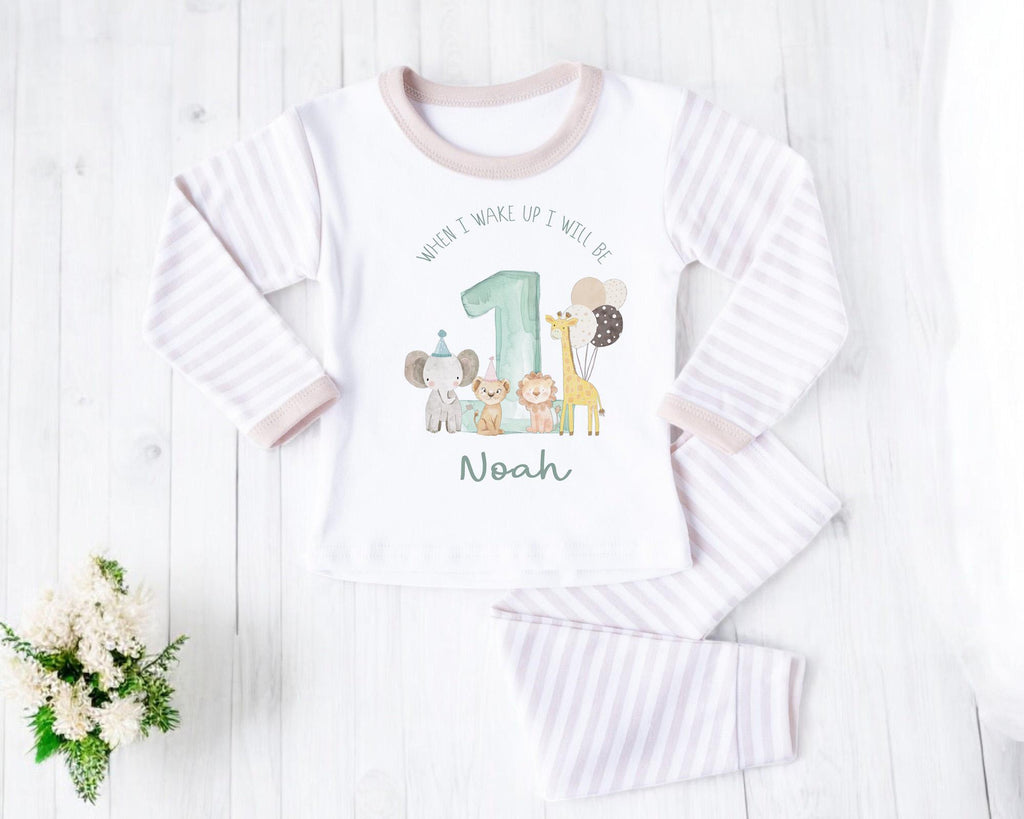 Safari Jungle Animal First Birthday Pyjamas , When I Wake Up I Will Be One Custom 1st Birthday Pjs, Personalized First Birthday Pjs