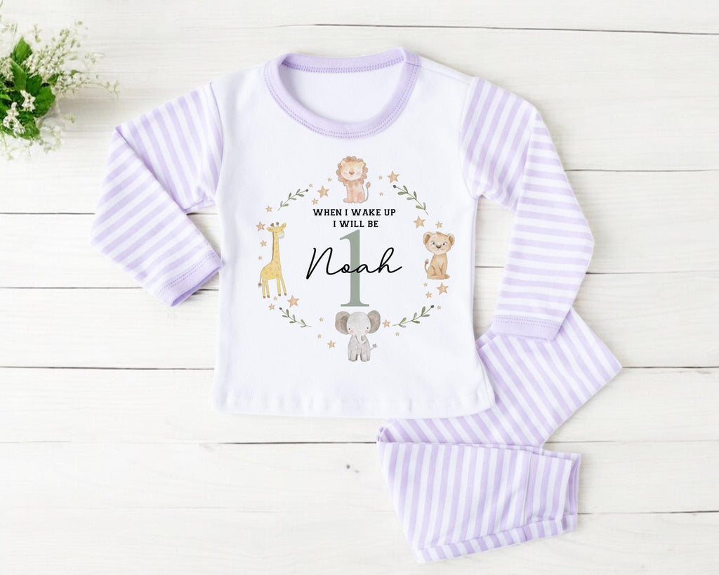 Safari Jungle Animal First Birthday Pyjamas , When I Wake Up I Will Be One Custom 1st Birthday Pjs, Personalized First Birthday Pjs