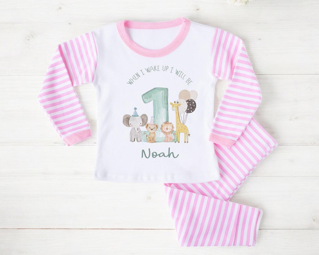 Safari Jungle Animal First Birthday Pyjamas , When I Wake Up I Will Be One Custom 1st Birthday Pjs, Personalized First Birthday Pjs