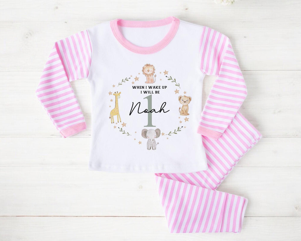 Safari Jungle Animal First Birthday Pyjamas , When I Wake Up I Will Be One Custom 1st Birthday Pjs, Personalized First Birthday Pjs