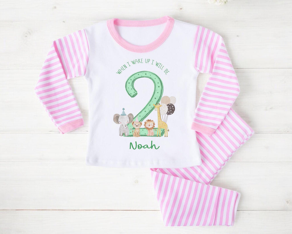 Safari Jungle Animal Second Birthday Pyjamas , When I Wake Up I Will Be Two Custom 2nd Birthday Pjs, Personalized Second Birthday Pjs