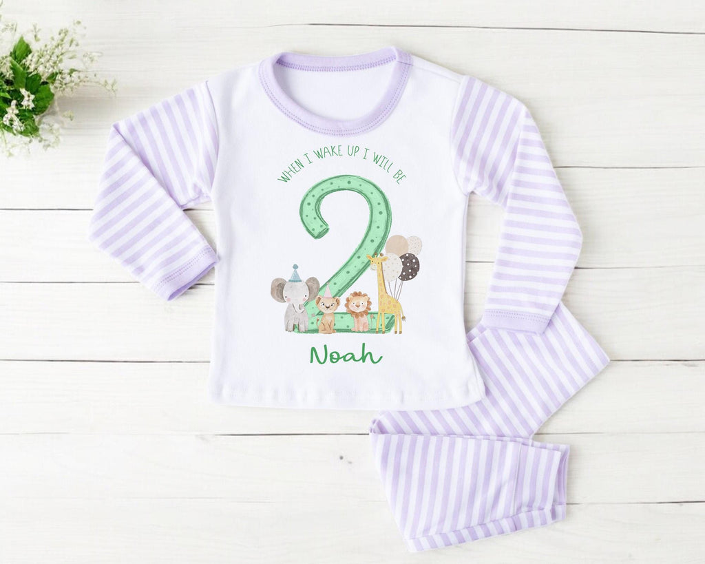 Safari Jungle Animal Second Birthday Pyjamas , When I Wake Up I Will Be Two Custom 2nd Birthday Pjs, Personalized Second Birthday Pjs