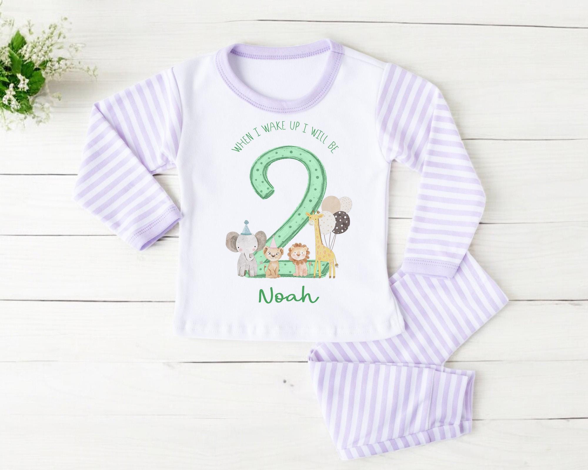 Safari Jungle Animal Second Birthday Pyjamas , When I Wake Up I Will Be Two Custom 2nd Birthday Pjs, Personalized Second Birthday Pjs