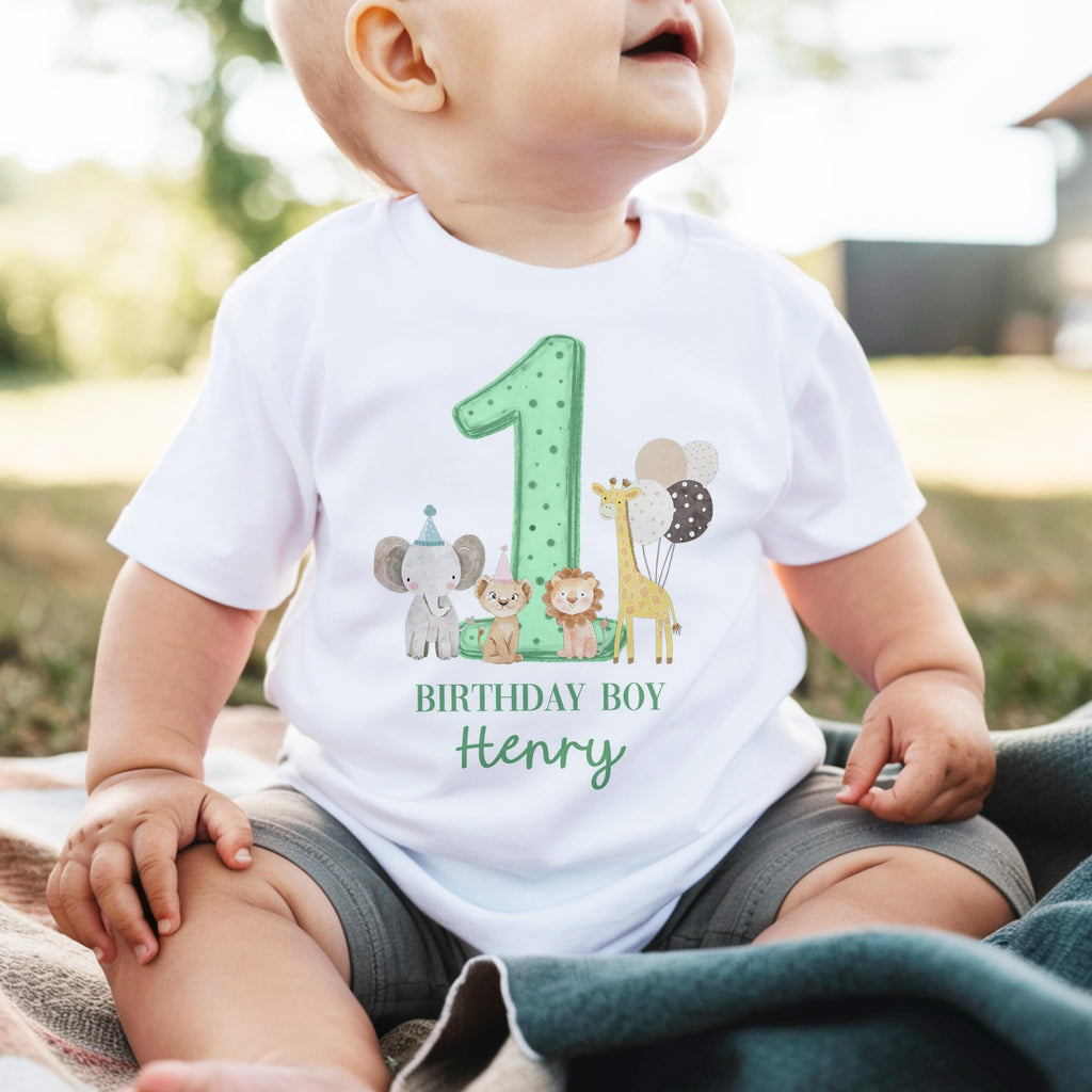 Safari Sage Green Birthday Boy Party T-shirt Top, Personalised 1st Birthday design Tee Outfit
