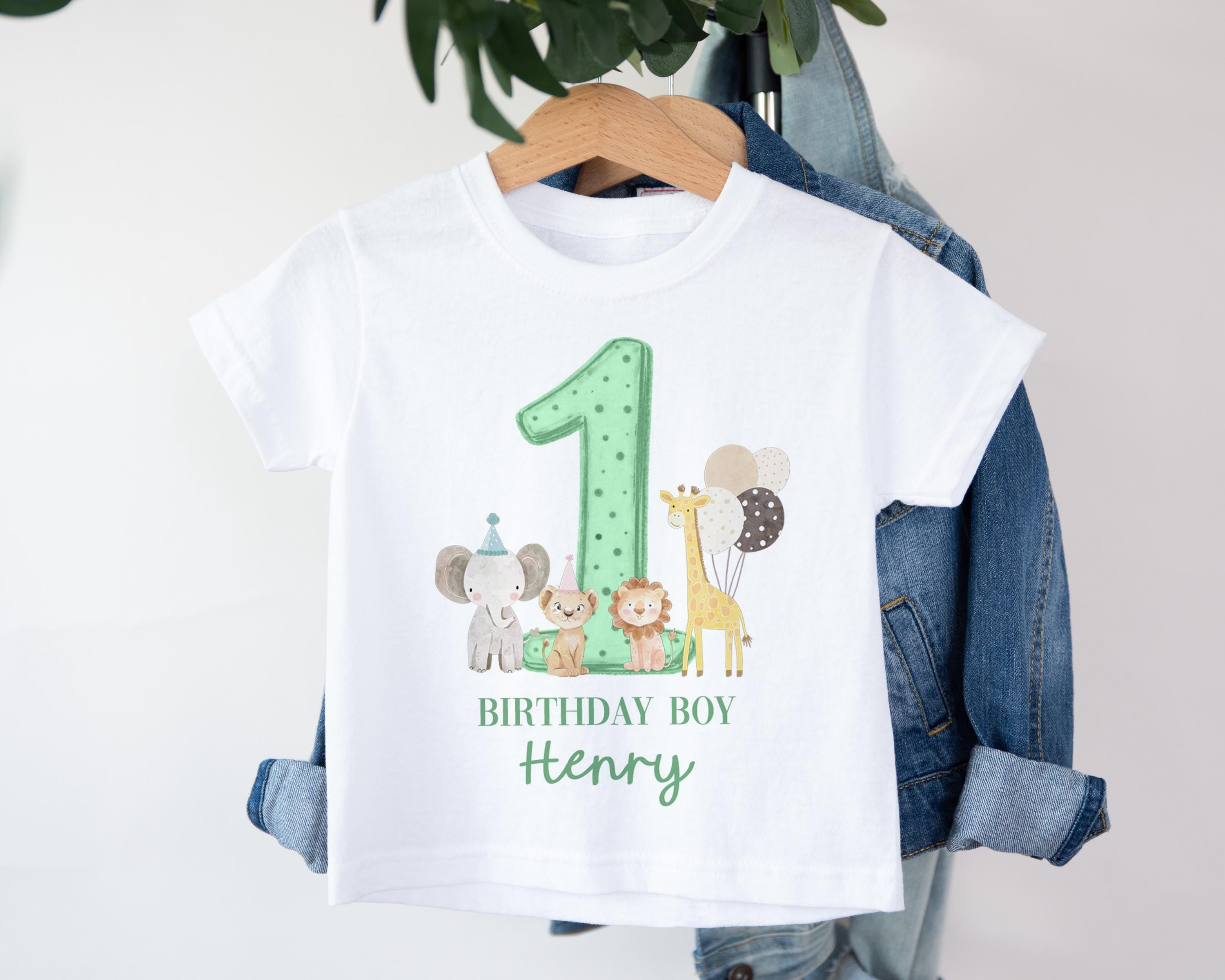 Safari Sage Green Birthday Boy Party T-shirt Top, Personalised 1st Birthday design Tee Outfit