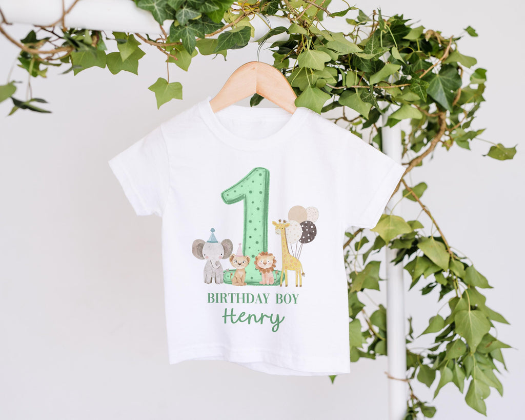 Safari Sage Green Birthday Boy Party T-shirt Top, Personalised 1st Birthday design Tee Outfit