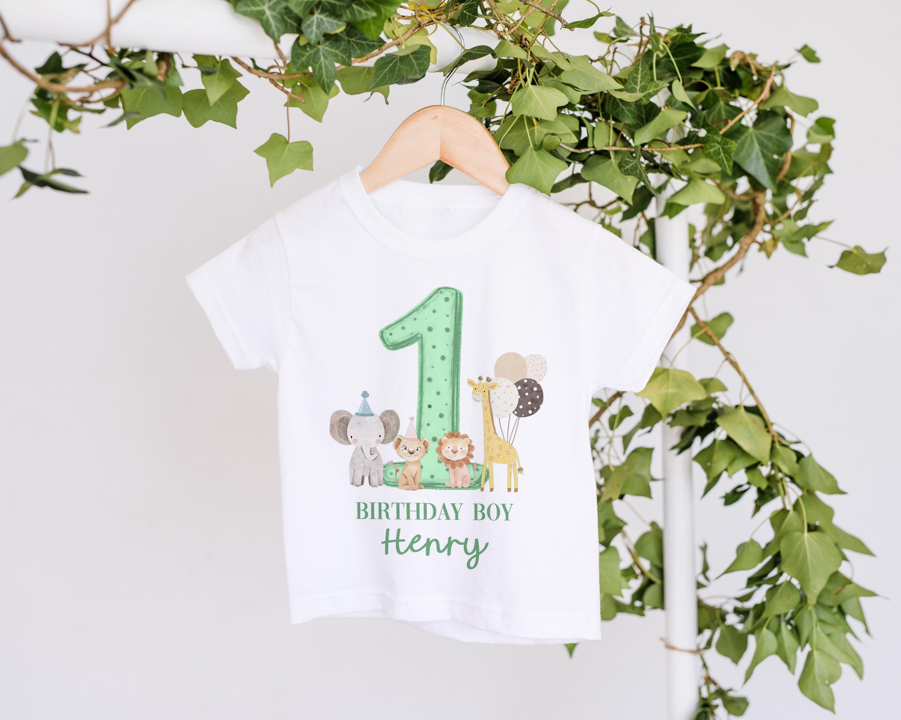Safari Sage Green Birthday Boy Party T-shirt Top, Personalised 1st Birthday design Tee Outfit