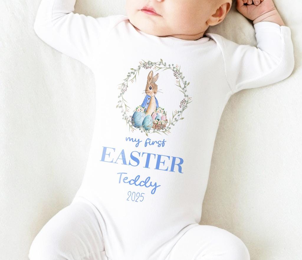Personalised my first Easter teddy baby grow gift set for baby boy 1st Easter, Custom first Easter gift set for son/grandson/godson/nephew